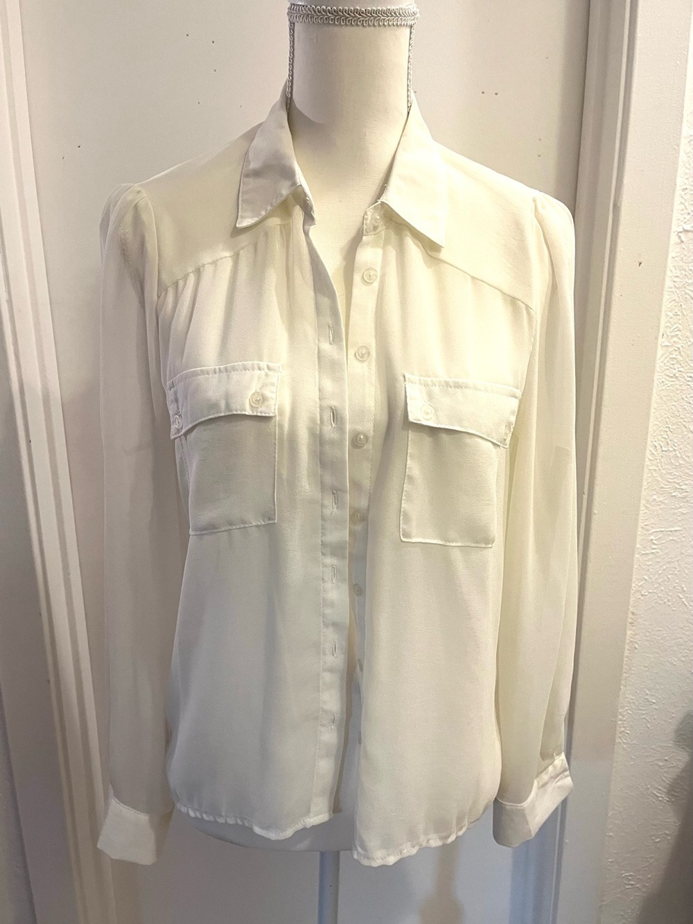 Light Cream Sheer Button-Front Blouse with Patch Pockets